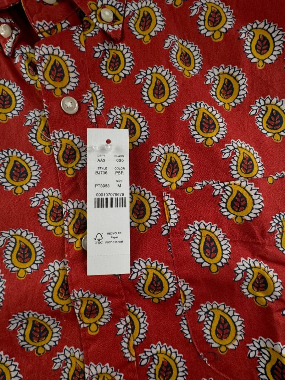 NWT J. Crew Men Red Yellow Paisley Long Sleeve Button Up Shirt Medium Classic